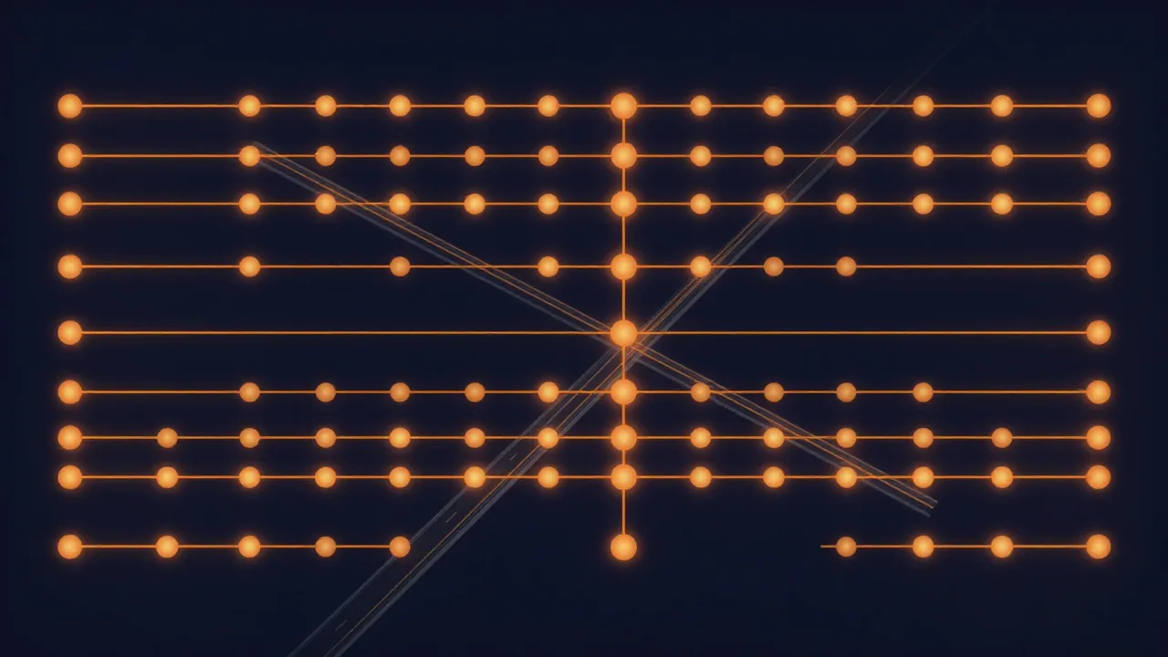Visualización de un grafo acíclico dirigido (DAG) con múltiples carriles paralelos de nodos conectados