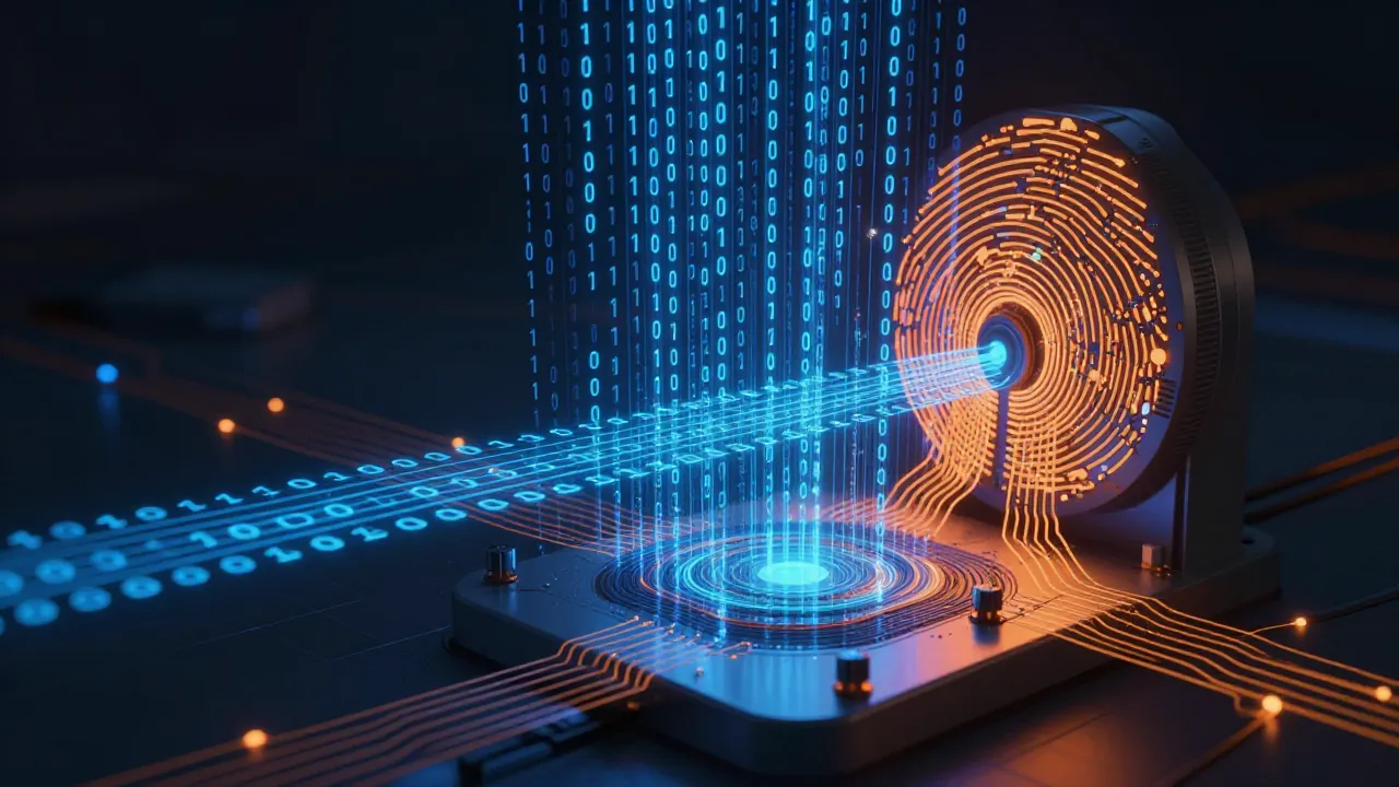 Visualización de una función hash criptográfica transformando datos