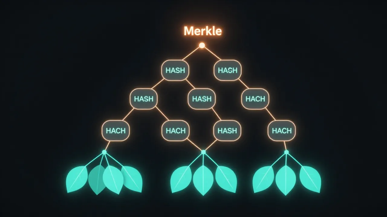 Visualización de un Merkle Tree con nodos hash conectados