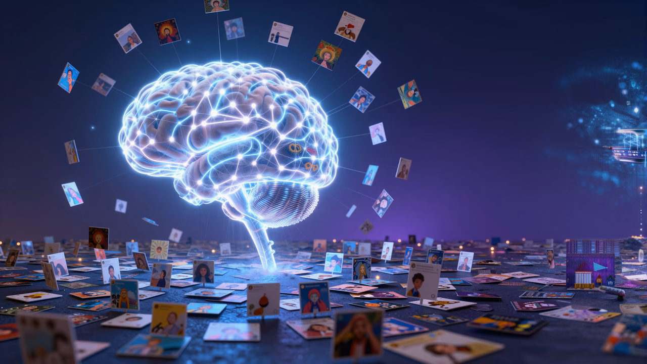 Ilustración conceptual de inteligencia artificial alimentándose de publicaciones y fotos de redes sociales para entrenar modelos de lenguaje