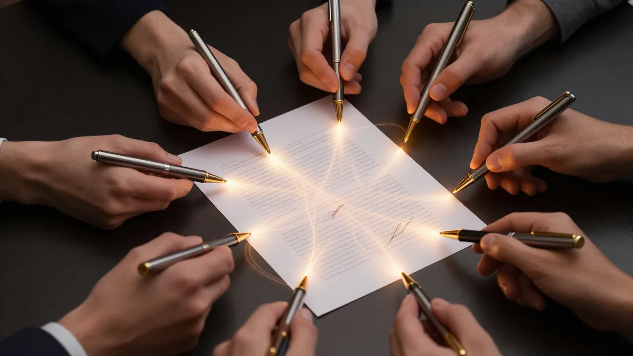 Múltiples manos firmando simultáneamente un documento, representando las firmas de umbral BLS