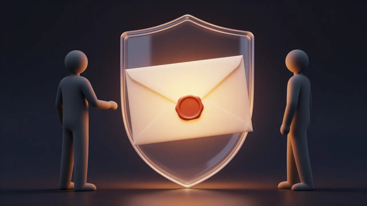 Sobre sellado con lacre dentro de un escudo translúcido entre dos figuras, representando una cápsula criptográfica