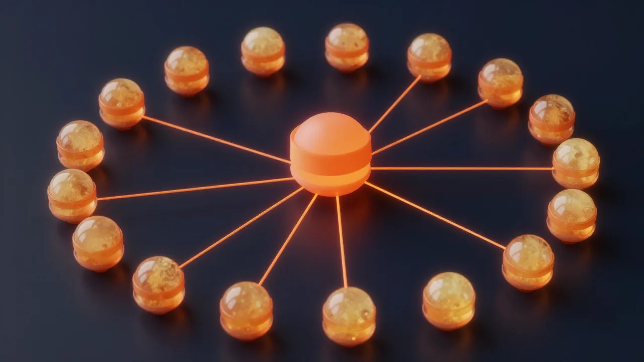 Nodo proxy central conectado a múltiples nodos en semicírculo, representando el re-cifrado distribuido