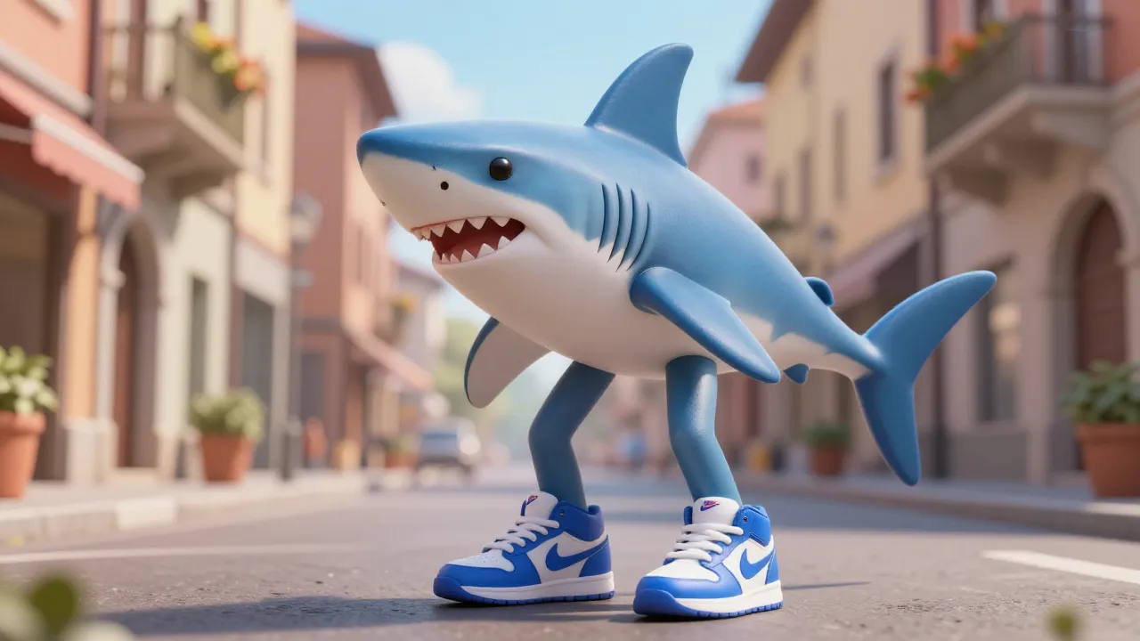 Tralalero Tralala: tiburón azul bípedo con piernas musculosas y zapatillas Nike en una calle italiana — el personaje que inició el fenómeno Italian Brainrot y cuya autoría legal nadie puede reclamar al ser generado por IA