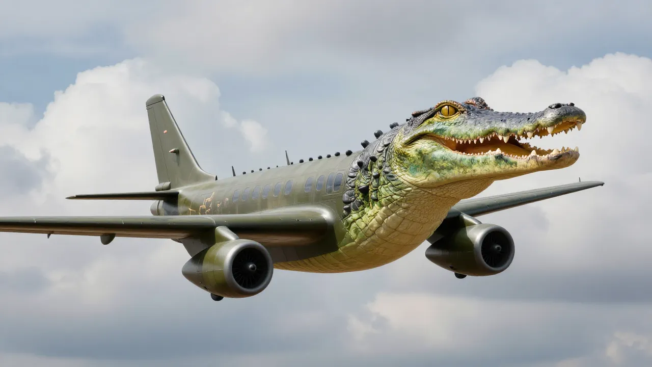 Bombardiro Coccodrillo: un cocodrilo fusionado con un avión bombardero militar volando entre nubes — ejemplo icónico de las criaturas híbridas del Italian Brainrot cuya propiedad intelectual está en disputa