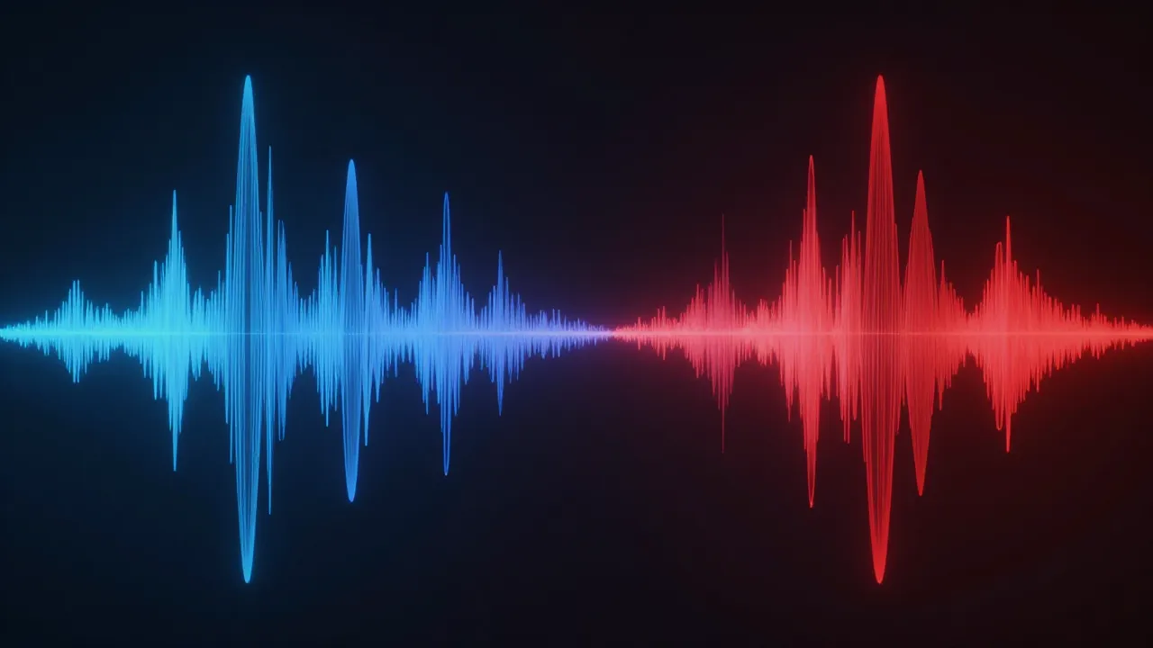 Ondas sonoras transformándose, mostrando la dualidad entre voz real y voz artificial generada por inteligencia artificial
