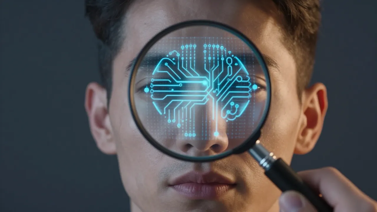 Lupa digital analizando un rostro en busca de señales de deepfake, representando las tecnologías de detección de contenido sintético